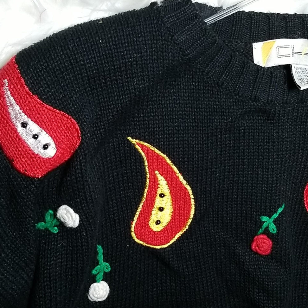 VTG 80s/90s Chaus black/Roses longsleeve Sweater - Picture 4 of 16